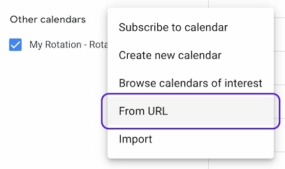 Google Calendar's 'Other calendars' menu with the 'From URL' option highlighted