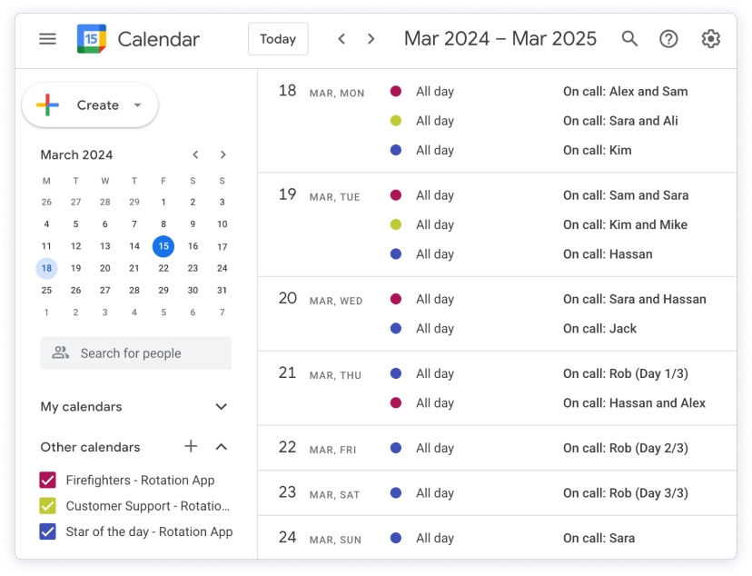 Rotation App shifts showing as 'On call' entries in Google Calendar, from several subscribed rotation calendars